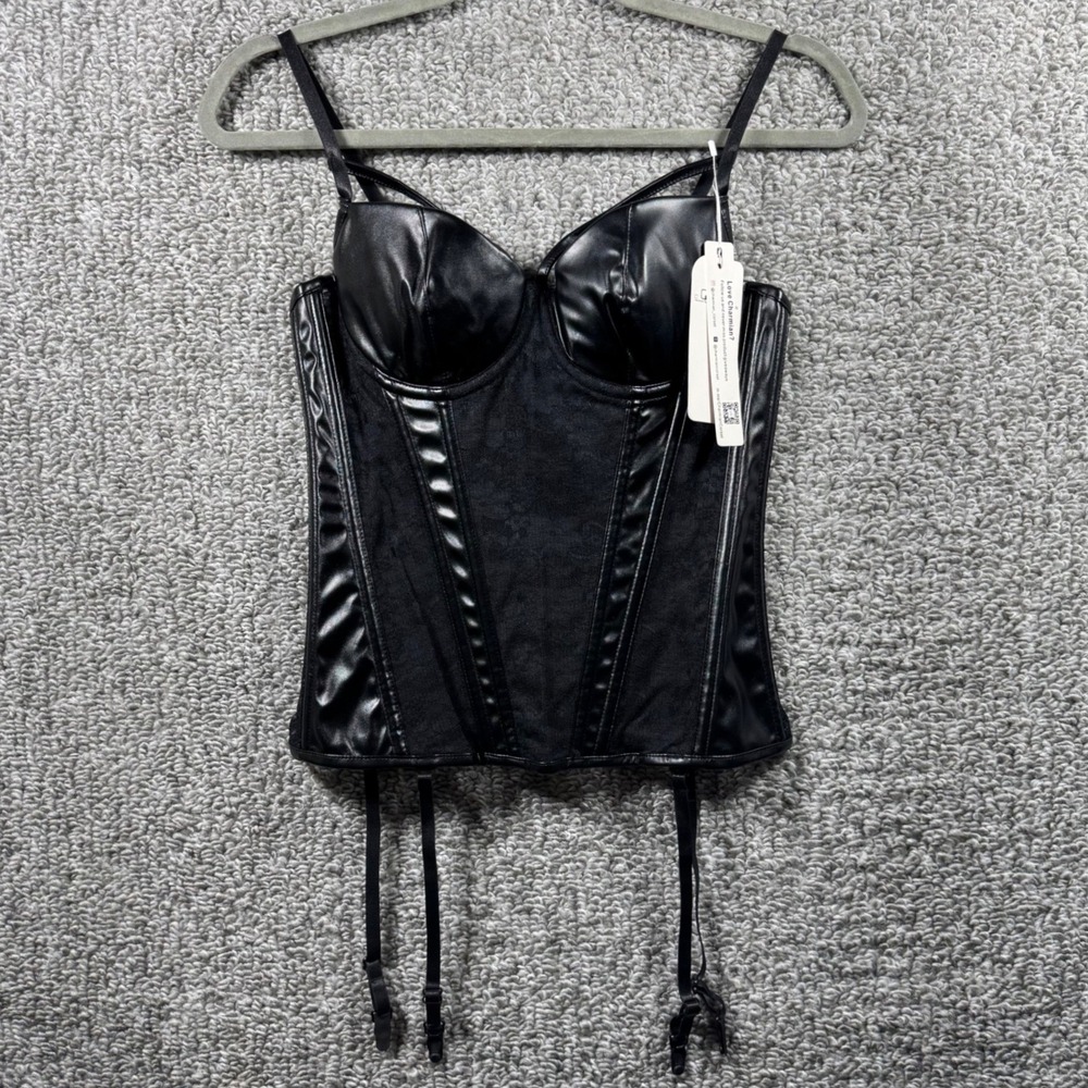 Charmian Corset Bustier Caged Top Black Garter Straps Faux Leather Lace Medium